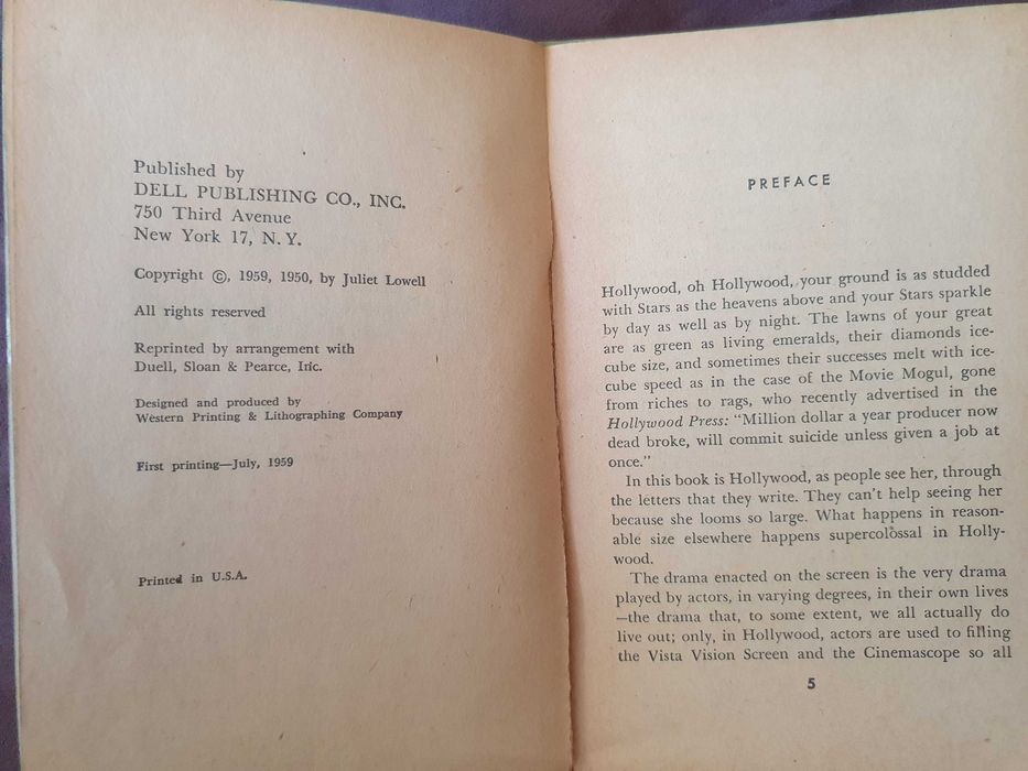 Livro Dear Hollywood - Juliet Lowell - 1959