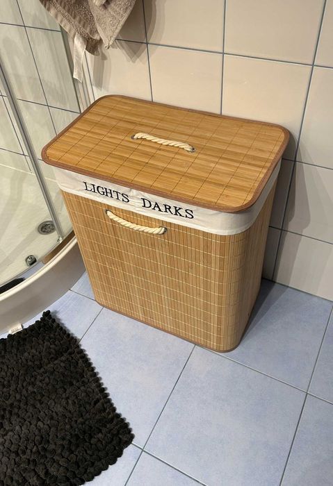 Duży Kosz Bambusowy na Pranie 100L Organizer Dwukomorowy Loft
