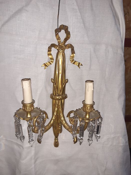 2 kinkiety, duże, mosiężne z  kryształami
