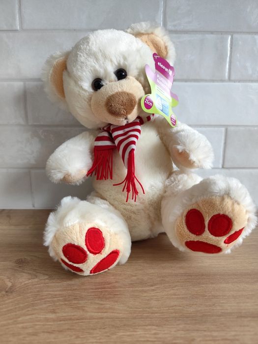 Biały pluszowy miś z szalikiem, ok. 25 cm, NOWY z metką