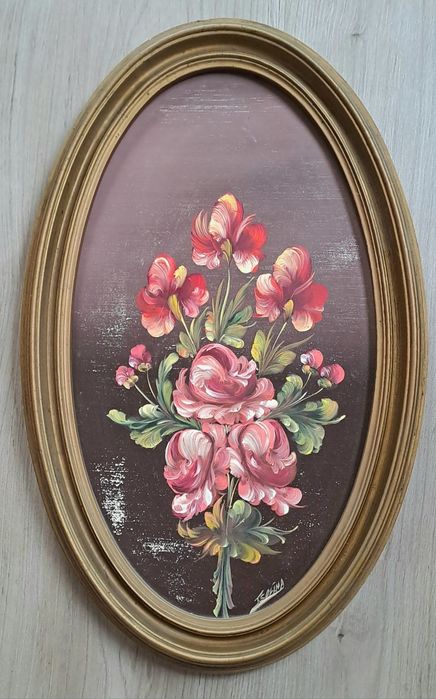 Conjunto 2 quadros antigos pintados a mão, oleo s/ madeira