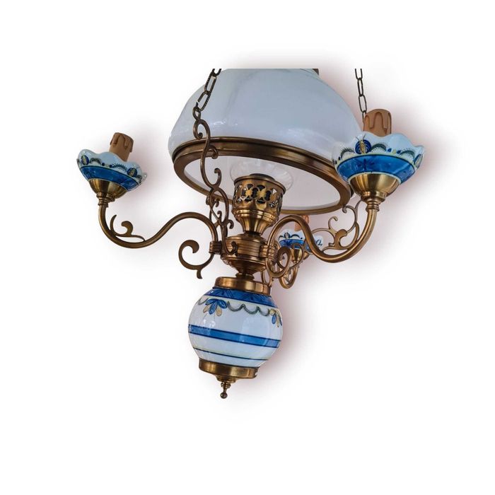 Candeeiro Teto Estilo Petróleo – 3 braços Louça de Viana pintada à mão