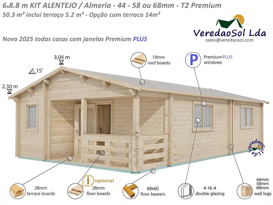 Casa madeira ALENTEJO - Almeria 44mm T2 - 59m² - Preço Fábrica!