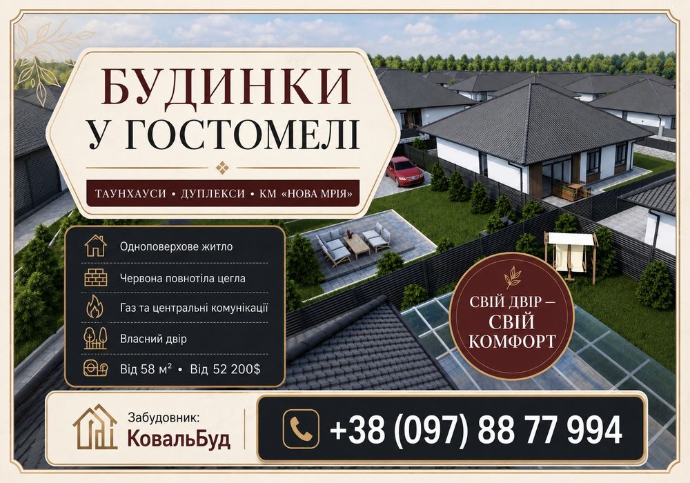 Новобудова в Гостомелі - продаж одноповерхового таунхауса 80 м² від забудовника з великою територією