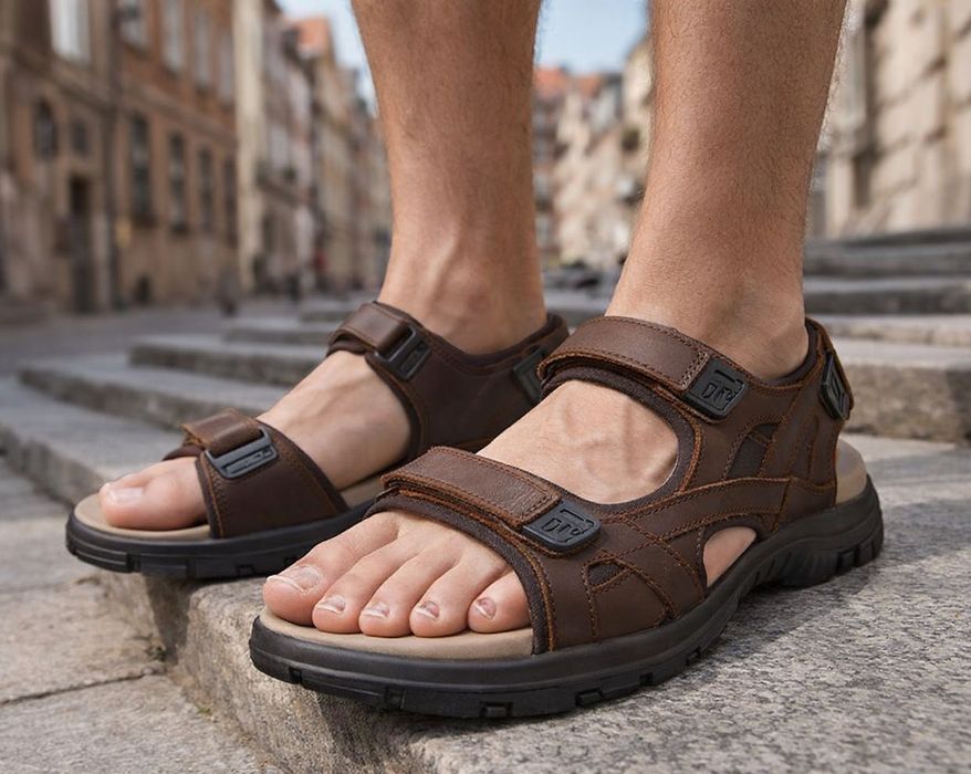 Sandały męskie skórzane RL185 brązowe na rzepy rozmiar: 46