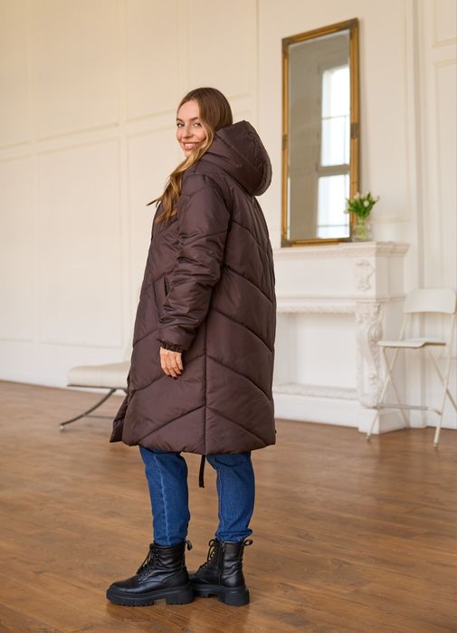 Куртка зимова жіноча для вагітних шоколадний  Пальто довге з капюшоном