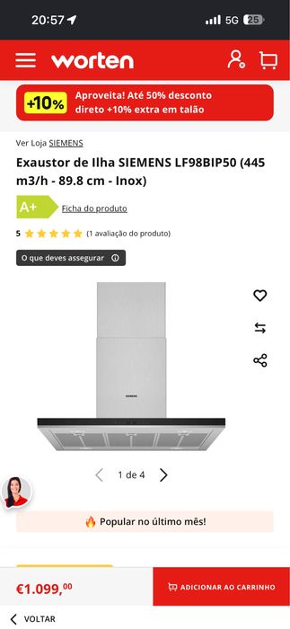 Exaustor de Ilha SIEMENS LF98BIP50 (867 m3/h - 89.8 cm - Inox)