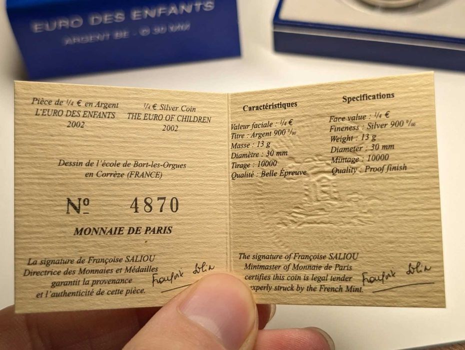 Moeda 1/4 euro francesa, em prata, do ano 2002 com certificado