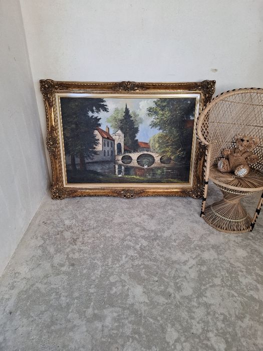 Obraz olejny w drewnianej ramie most nad rzeką