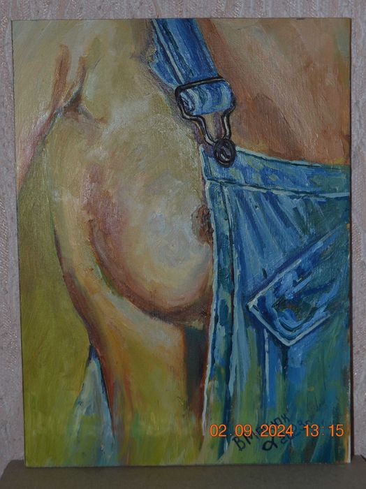 Картина ню "Грудь. Комбинезон". ДВП, масло. 25х18,5 см. В. Мацюк. 2023