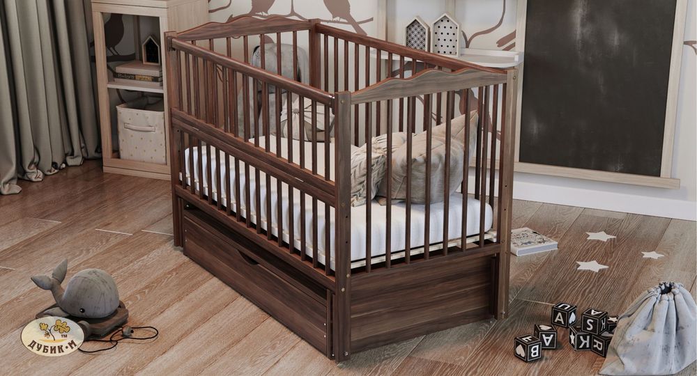 Кроватка детская ТМ Дубок «Веселка» ящик+маятник,откидная боковина.