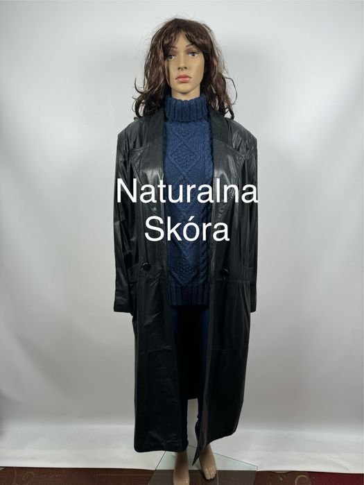 Długi czarny skórzany płaszcz prawdziwa skóra L