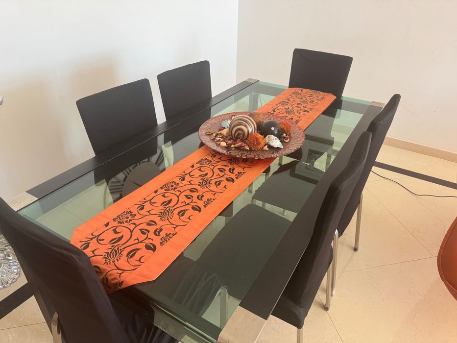 Mesa de jantar de luxo em vidro + 6 cadeiras