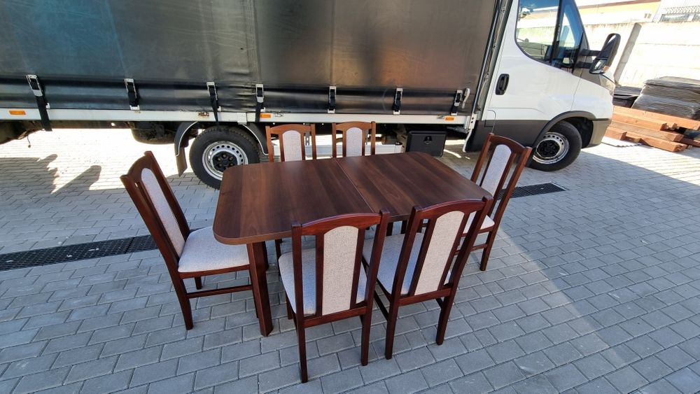Nowe: Stół 80x140/180 + 6 krzeseł, orzech + kawa z mlekiem, dostawa PL