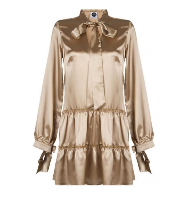 Złota satynowa sukienka na długi rękaw, rozmiar S