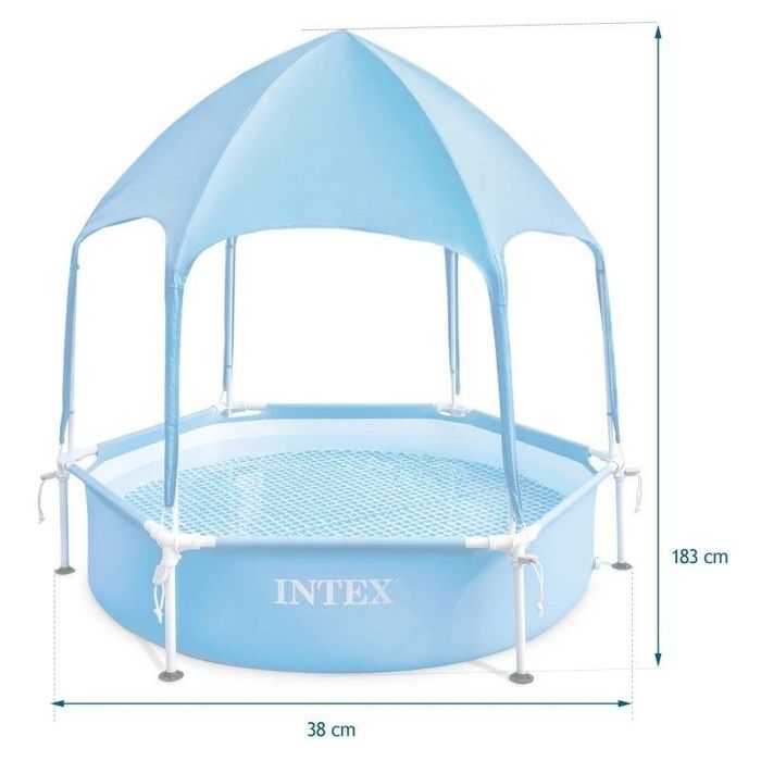 Каркасний дитячий басейн Intex 28209 (183×38 см) блакитний з навісом дашком душем фонтаном круглий для дітей
