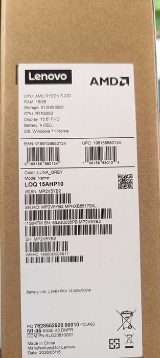 Laptop Lenovo LOQ15AHP10 nowy zapakowany nieuzywany