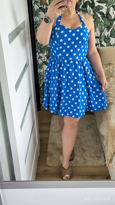 Sukienka w grochy, wiązana na szyi, roz. 40/42