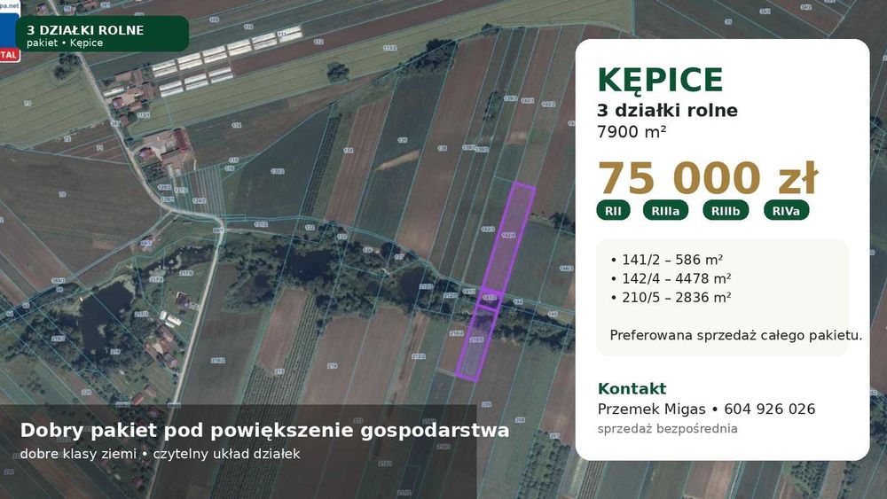 Kępice – 3 działki rolne 7900 m² -  klasy II–IVa  - 75 000 zł
