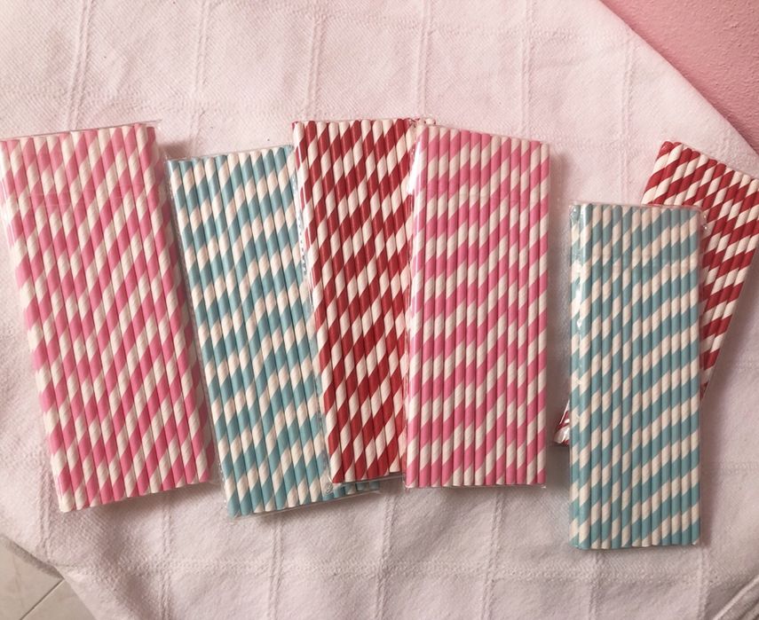 Conjunto de 150 palhinhas de Papel (rosa, azul e vermelho)