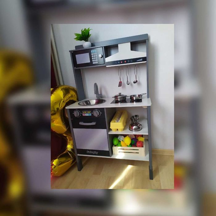 Drewniana kuchnia dla dzieci interaktywny okap akcesoria 100cm