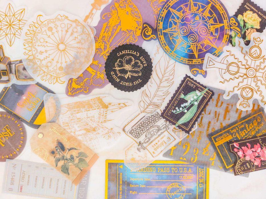 Autocolantes C/ Detalhes Dourados: Vintage, Frases, Etc | Journaling