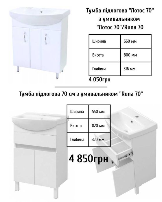 тумба у ванну біла з умивальником 70см шухлядки полички меблі