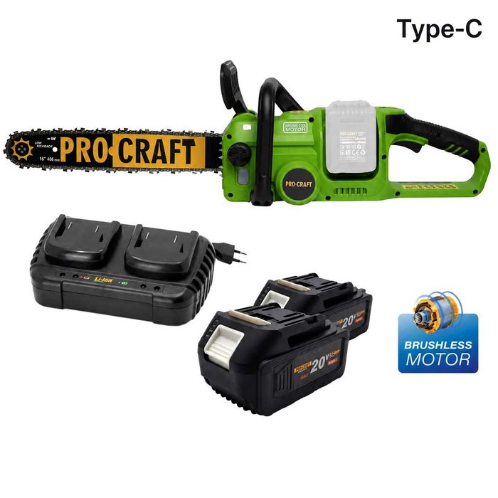 Аккумуляторная цепная пила Procraft PCA42/2 (2 аккумулятора 20 В, 8 А/ч и двойное зарядное устройство) ВОЗМОЖНЫ разные аккумуляторы 2, 4, 8 Ач Type-C