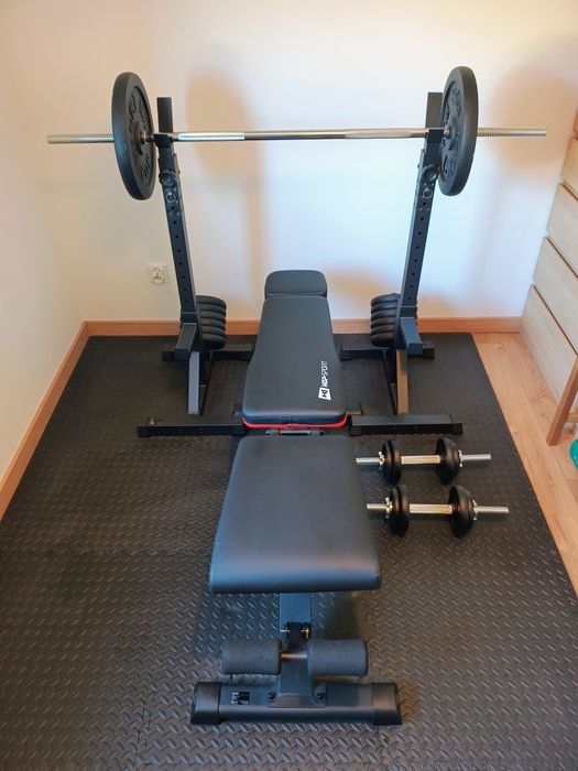 Zestaw do ćwiczeń 115 kg + ławka Hop-Sport + stojaki + gryfy – stan idealny