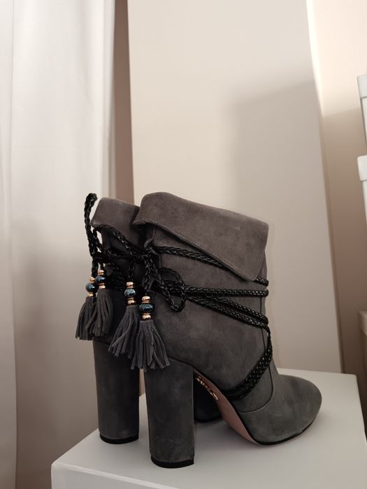 Szare skórzane/zamszowe botki na słupku 3 n