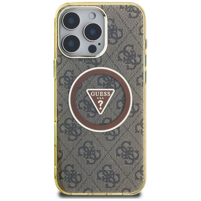 Etui Guess IML Metal Glitter 4G Circle Triangle MagSafe na iPhone 16 Pro Max - brązowe