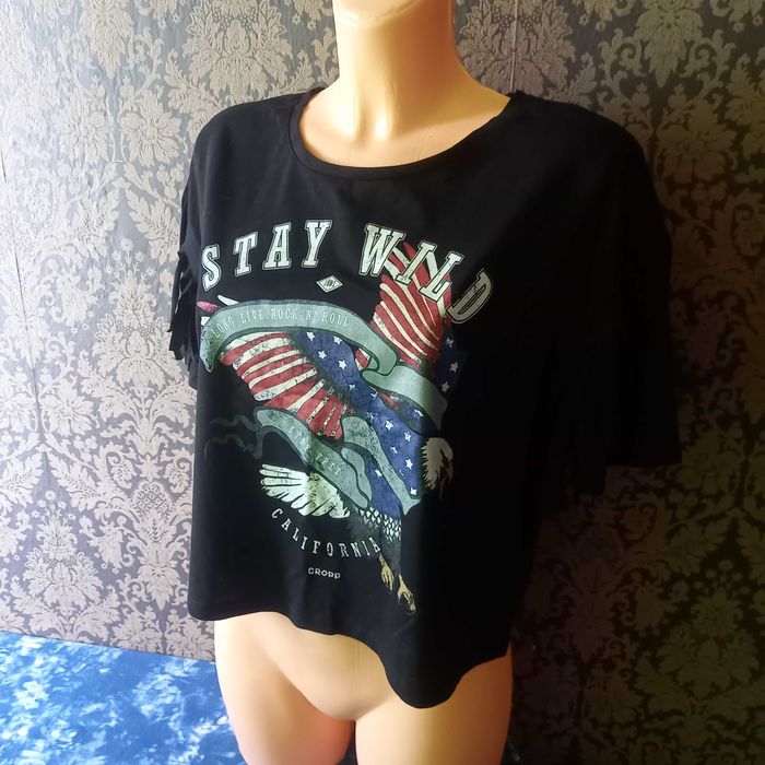 czarna bluzka z frędzlami cropp M