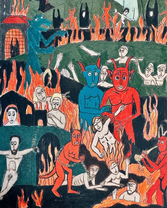 Obraz „Piekło 05” 35 x 50 cm rysunek grafika sztuka naiwna prymitywizm