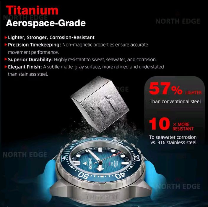 North Edge Triton-Ti Титановий годинник Сонячна батарея. 300 м. захист