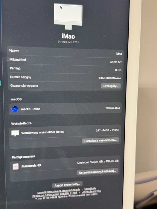 Apple iMac 24 M1 8GB RAM 512 SSD SILVER 4x TB RETINA 4,5K TAHOE