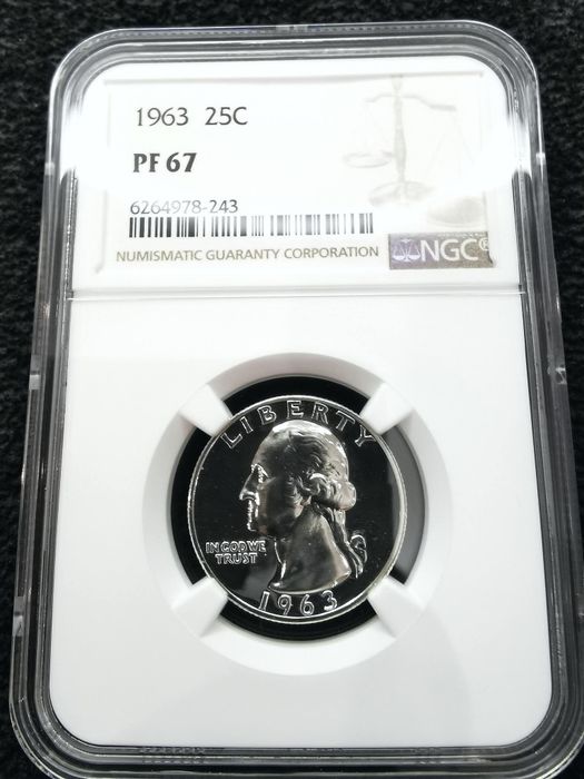 США 25 центів 1963р. СРІБЛО. СЛАБ NGS PF67