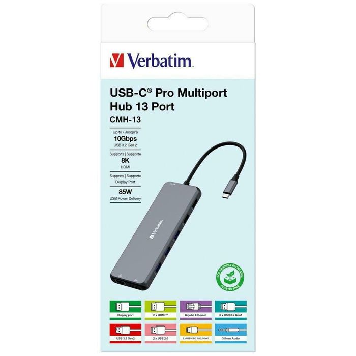 Verbatim Adapter Hub USB-C - 2xHDMI/DP/ Eternet/6xUSB-A/Jack 3.5mm/2xUSB-C aluminiowy/aluminum 32153