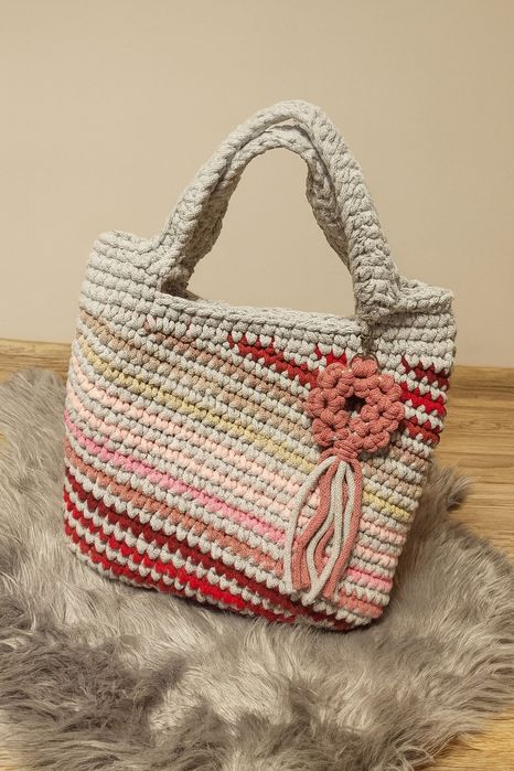 Torebka szydełkowa szara różowa unikat handmade duża z podszewką