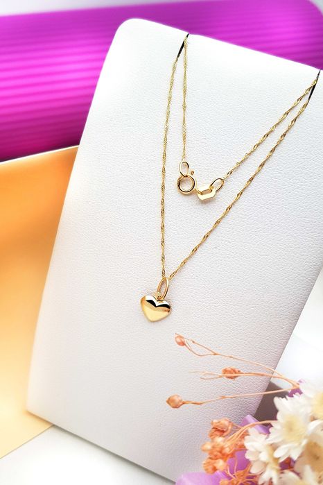 Złoty komplet łańcuszek singapur 45 cm z zawieszką serce pr. 585