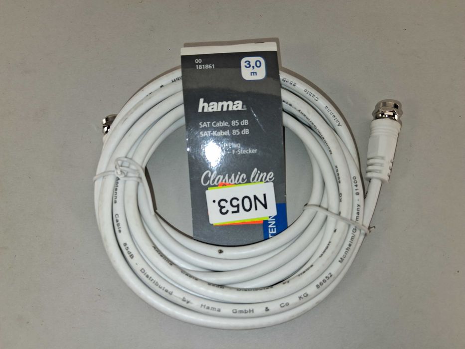 N053 Kabel Antenowy SAT Hama 3m Wtyk F 85 dB Classic Line Biały