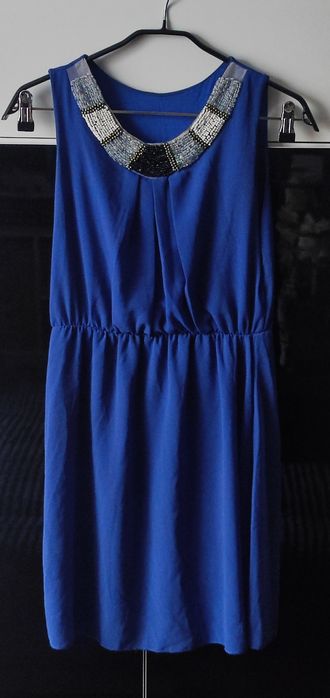 Włoska sukienka w kolorze indygo z ozdobnym kołnierzem  L/XL