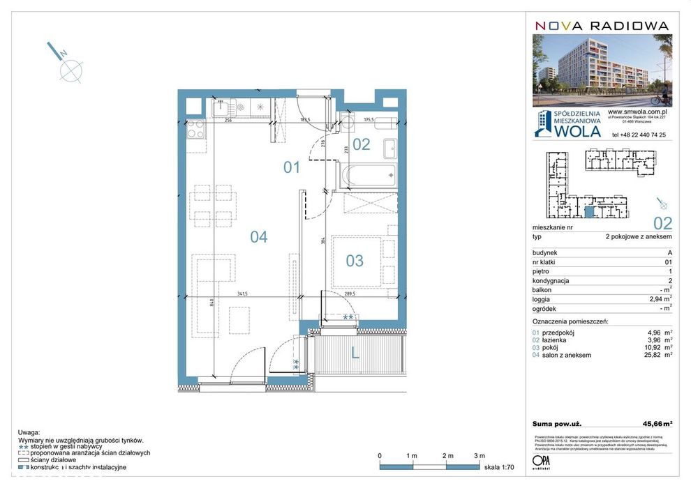 2-pokojowe mieszkanie 45m2 + loggia