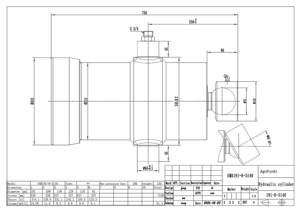 Siłownik cylinder hydrauliczny UMB  48/32Ton , 6  sekcji skok 3140  przyczepa Tandem Tridem 6,5-8m