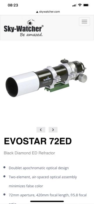 Telescópio Apocromático SkyWatcher EvoStar 72ED.