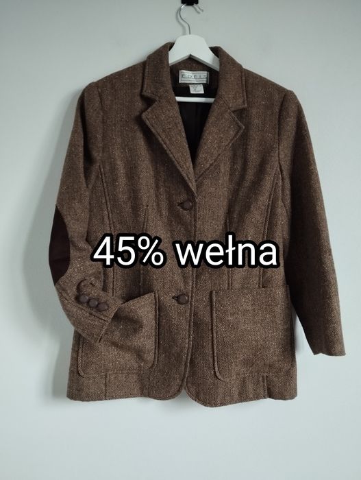 Wiosenna beżowa marynarka w jodełkę z wełną, petite r. M Edeis vintage