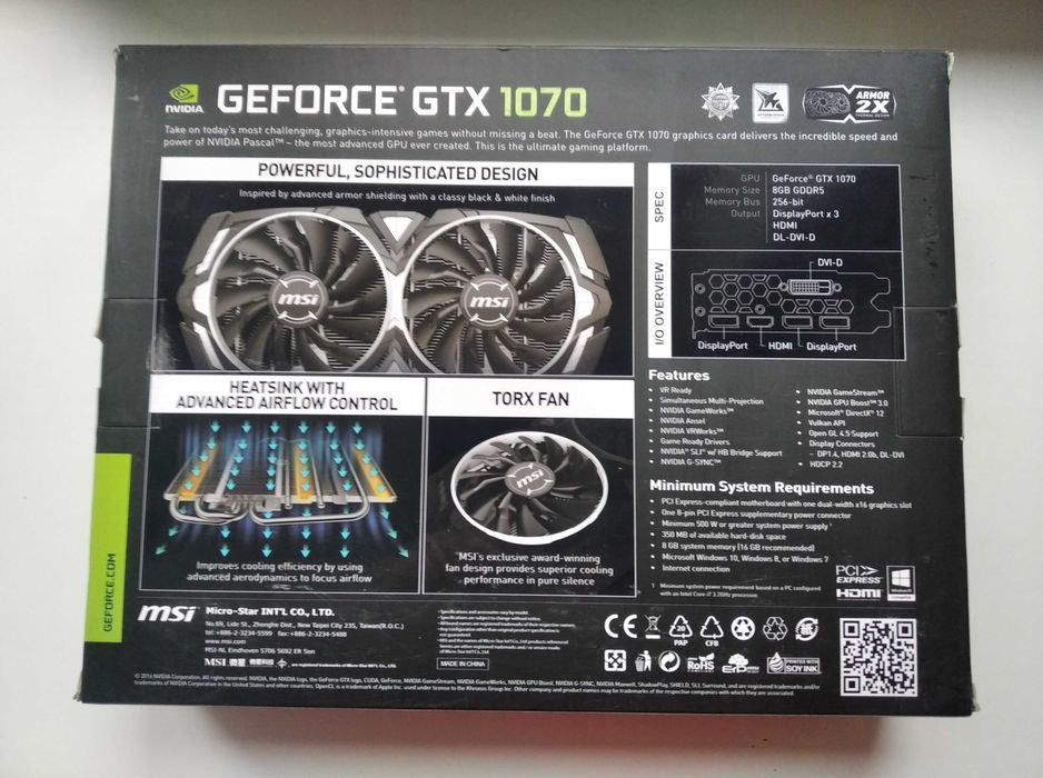 видеокарта MSI GeForce GTX 1070 Armor 8GB GDDR5