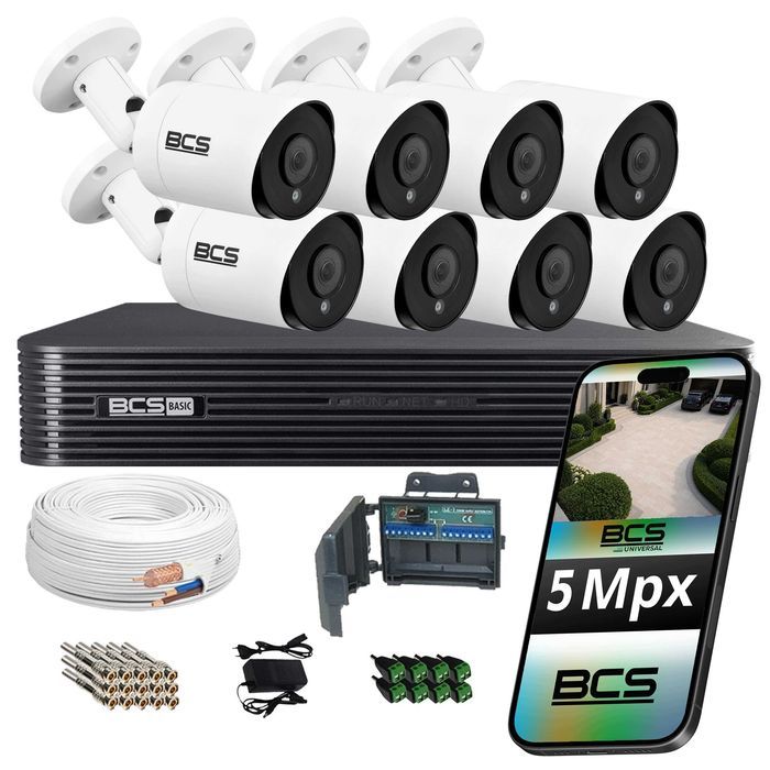 BCS monitoring 8 kamer zewnętrznych analogowych 5 Mpx IR 40 m rejestrator
