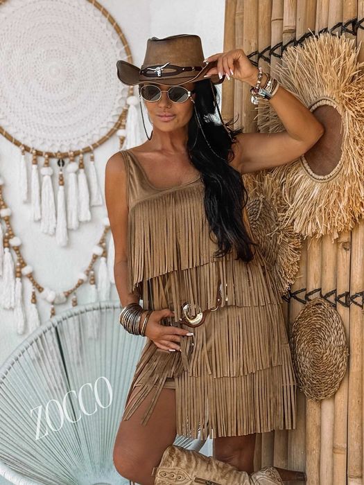 ZOCCO sukienka boho frędzle Eko zamsz