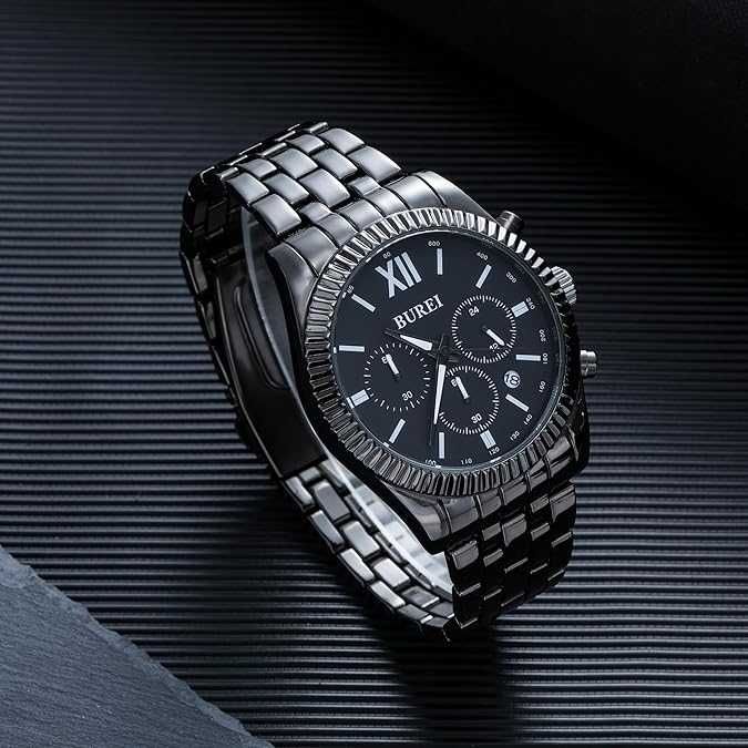 Męski Zegarek BUREI | Elegancki | Chronograf | Kompletny Zestaw