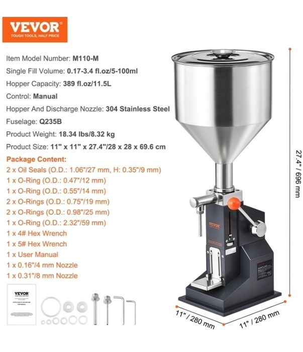máquina de enchimento manual de líquidos e pastas (como a Máquina de Enchimento Manual VEVOR).•
 Função: En